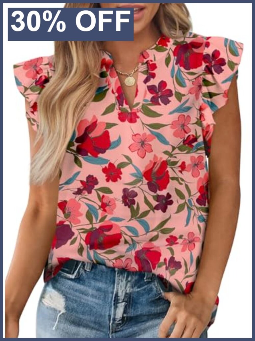 Womens V Neck Ruffle Sleeve Floral Blouse Boho Chiffon Top